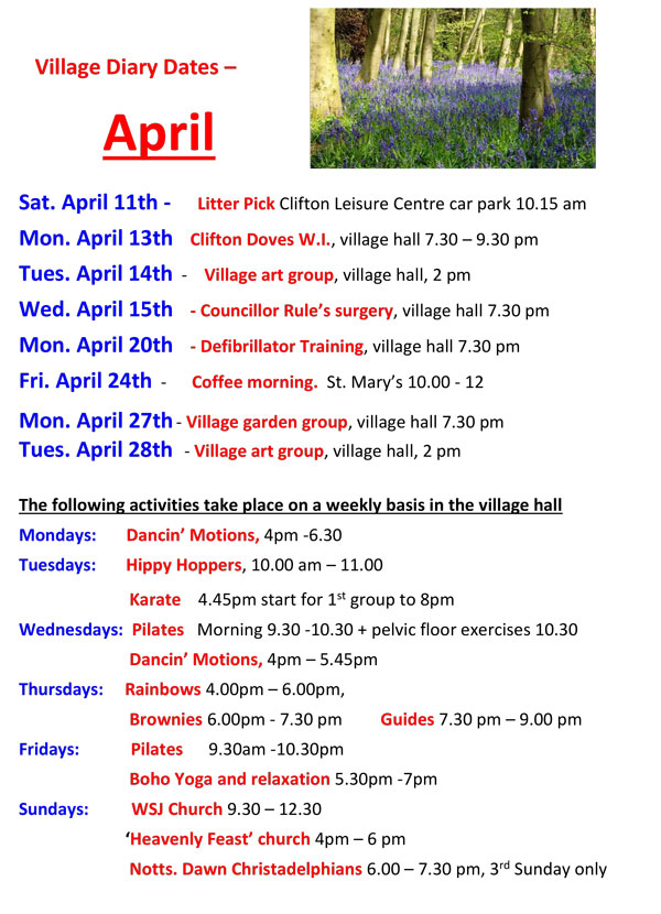 Clifton Village Diary Dates: April,2026