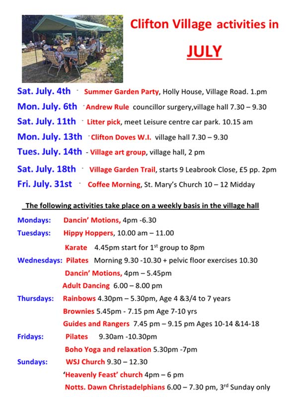 Clifton Village Diary Dates: July,2026