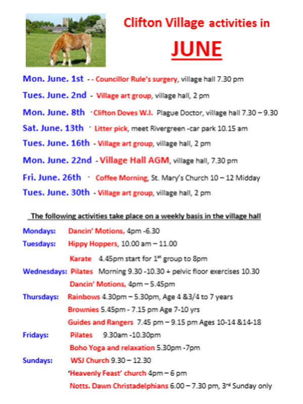Clifton Village Diary Dates: June,2026